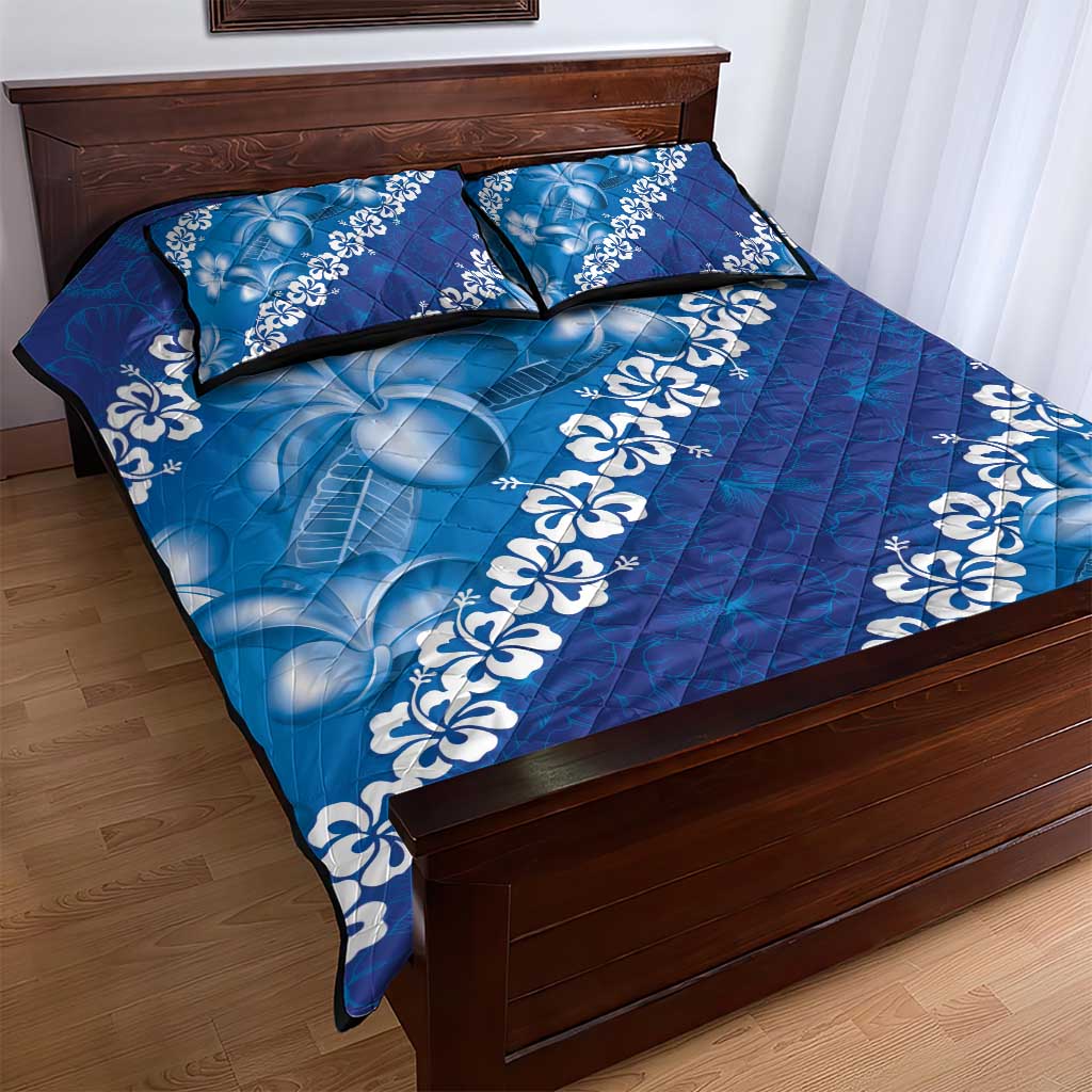 Vintage Blue Polynesia Quilt Bed Set Plumeria With Hibiscus Tropical Vibes LT14 - Polynesian Pride