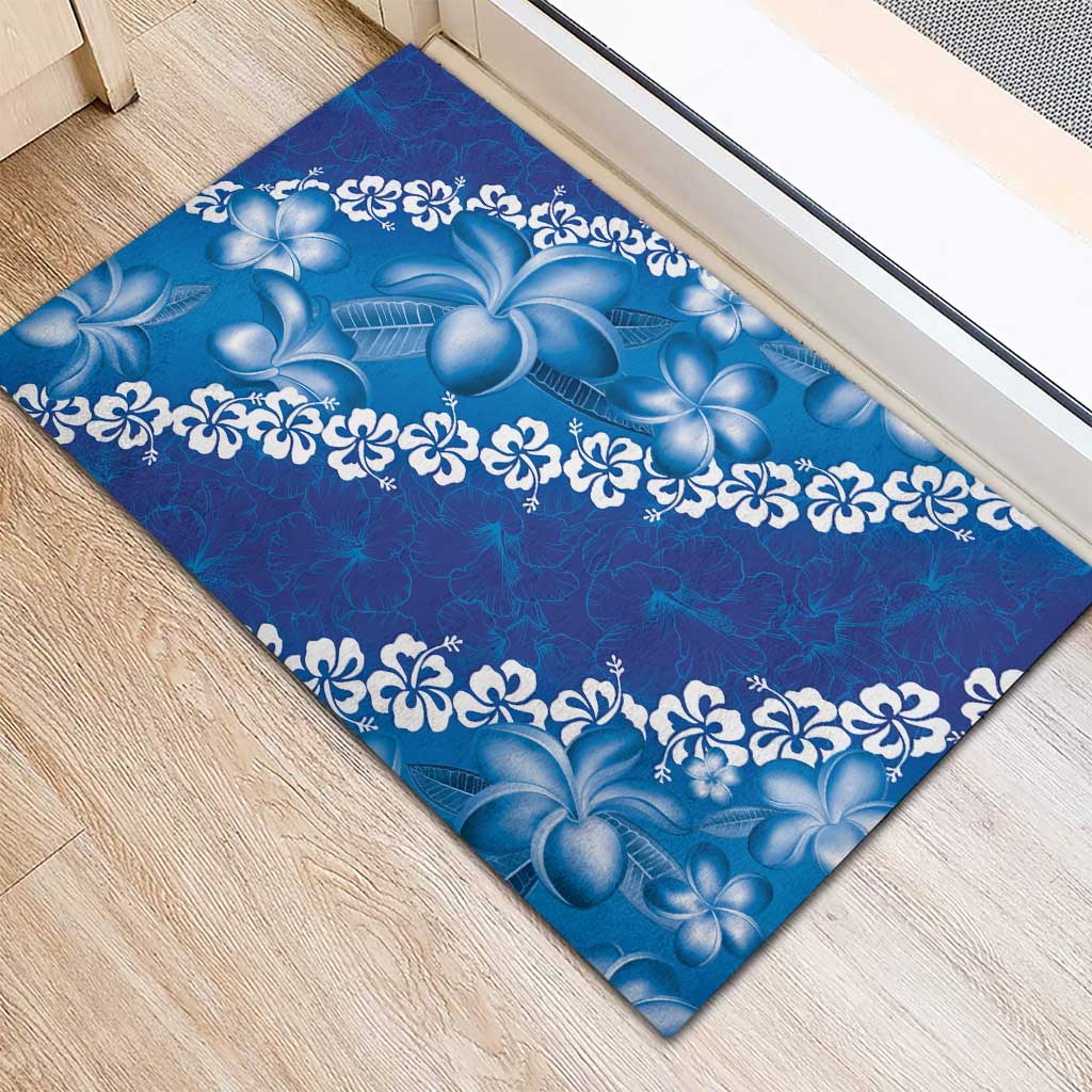 Vintage Blue Polynesia Rubber Doormat Plumeria With Hibiscus Tropical Vibes LT14 - Polynesian Pride