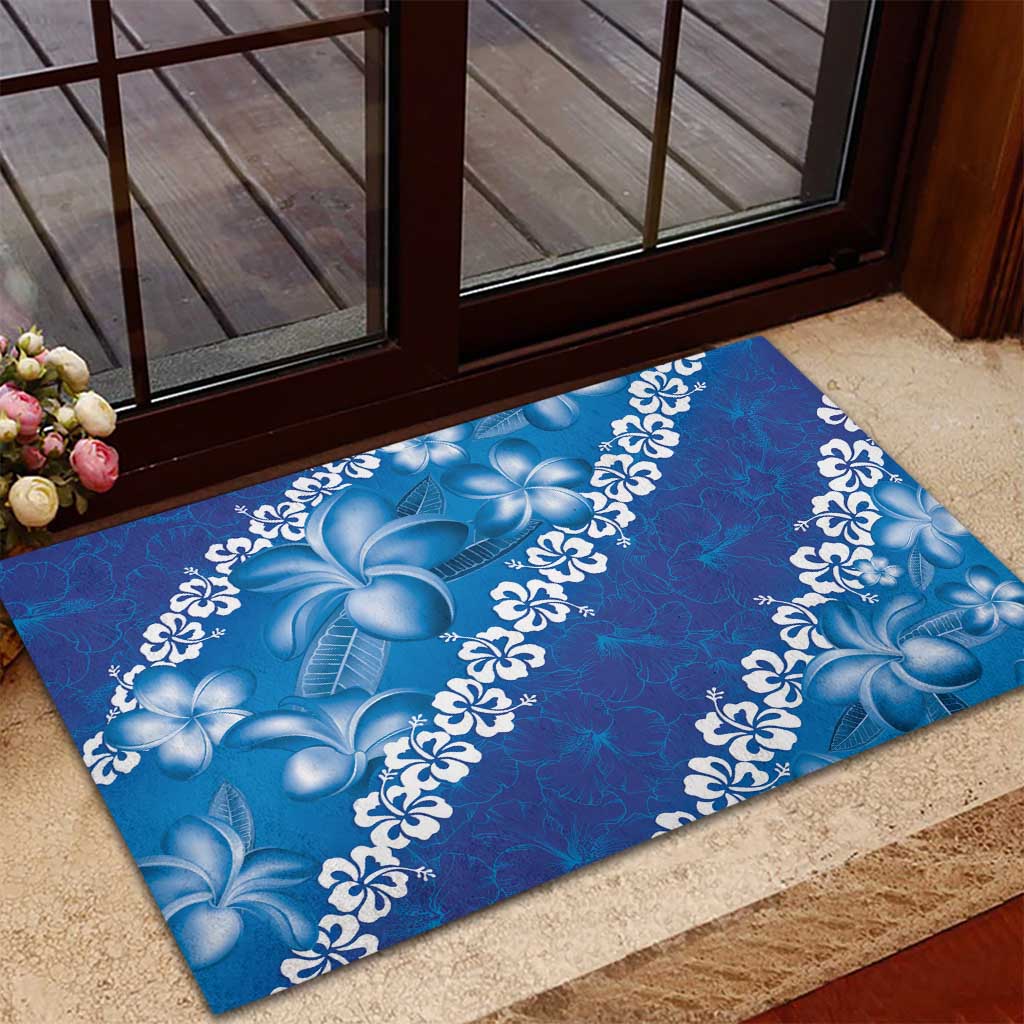 Vintage Blue Polynesia Rubber Doormat Plumeria With Hibiscus Tropical Vibes LT14 - Polynesian Pride