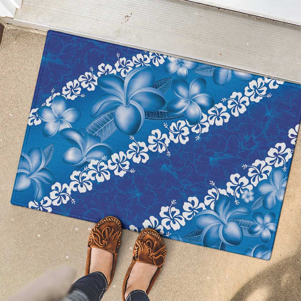Vintage Blue Polynesia Rubber Doormat Plumeria With Hibiscus Tropical Vibes LT14 - Polynesian Pride