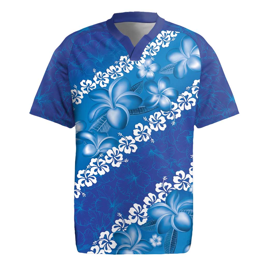 Vintage Blue Polynesia Rugby Jersey Plumeria With Hibiscus Tropical Vibes LT14 Blue - Polynesian Pride