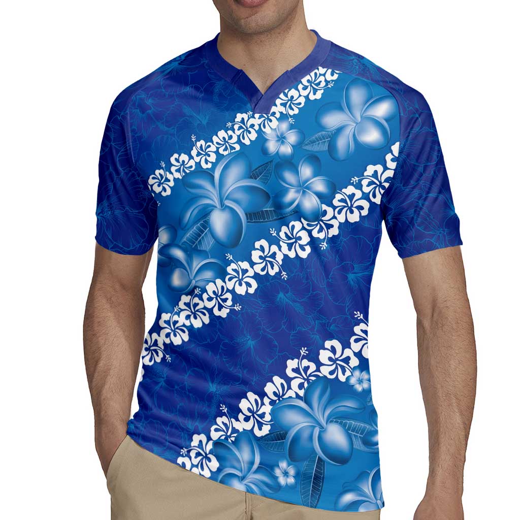 Vintage Blue Polynesia Rugby Jersey Plumeria With Hibiscus Tropical Vibes LT14 - Polynesian Pride