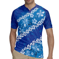 Vintage Blue Polynesia Rugby Jersey Plumeria With Hibiscus Tropical Vibes LT14 - Polynesian Pride