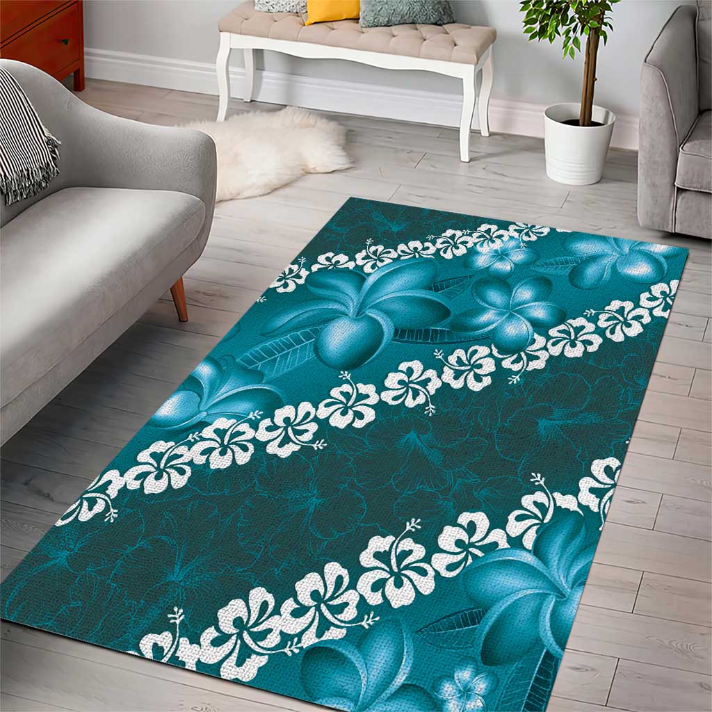 Vintage Dark Cyan Polynesia Area Rug Plumeria With Hibiscus Tropical Vibes LT14 - Polynesian Pride