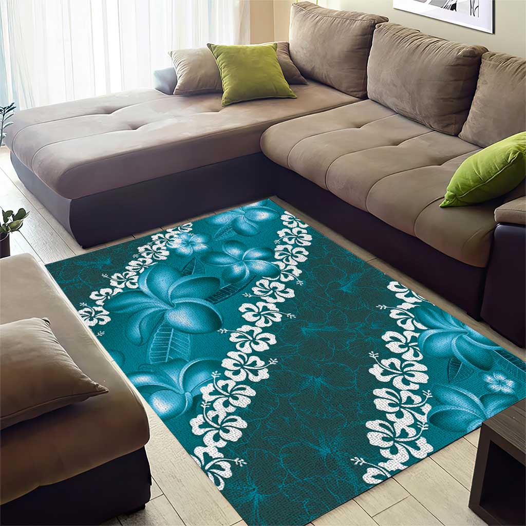 Vintage Dark Cyan Polynesia Area Rug Plumeria With Hibiscus Tropical Vibes LT14 - Polynesian Pride