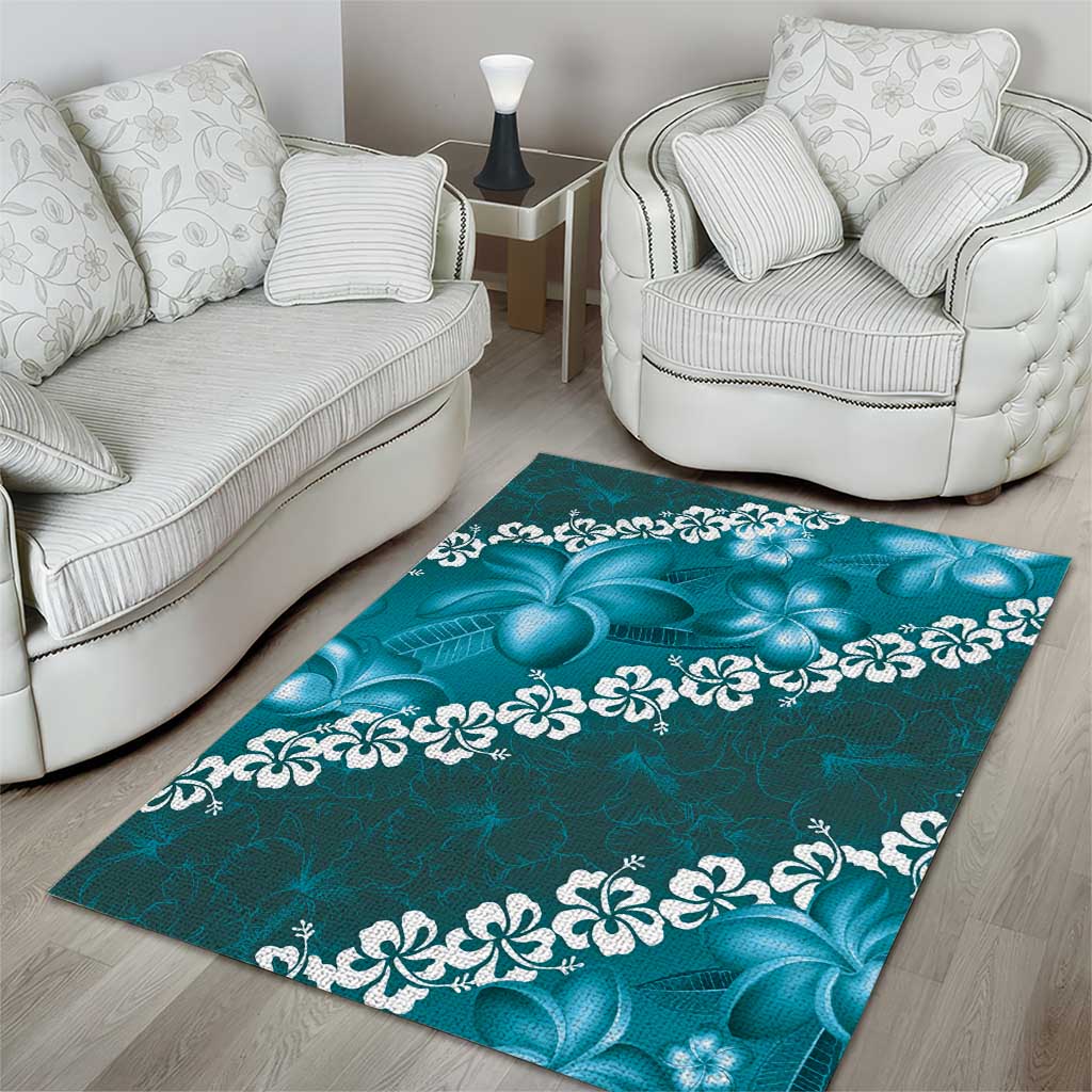Vintage Dark Cyan Polynesia Area Rug Plumeria With Hibiscus Tropical Vibes LT14 - Polynesian Pride