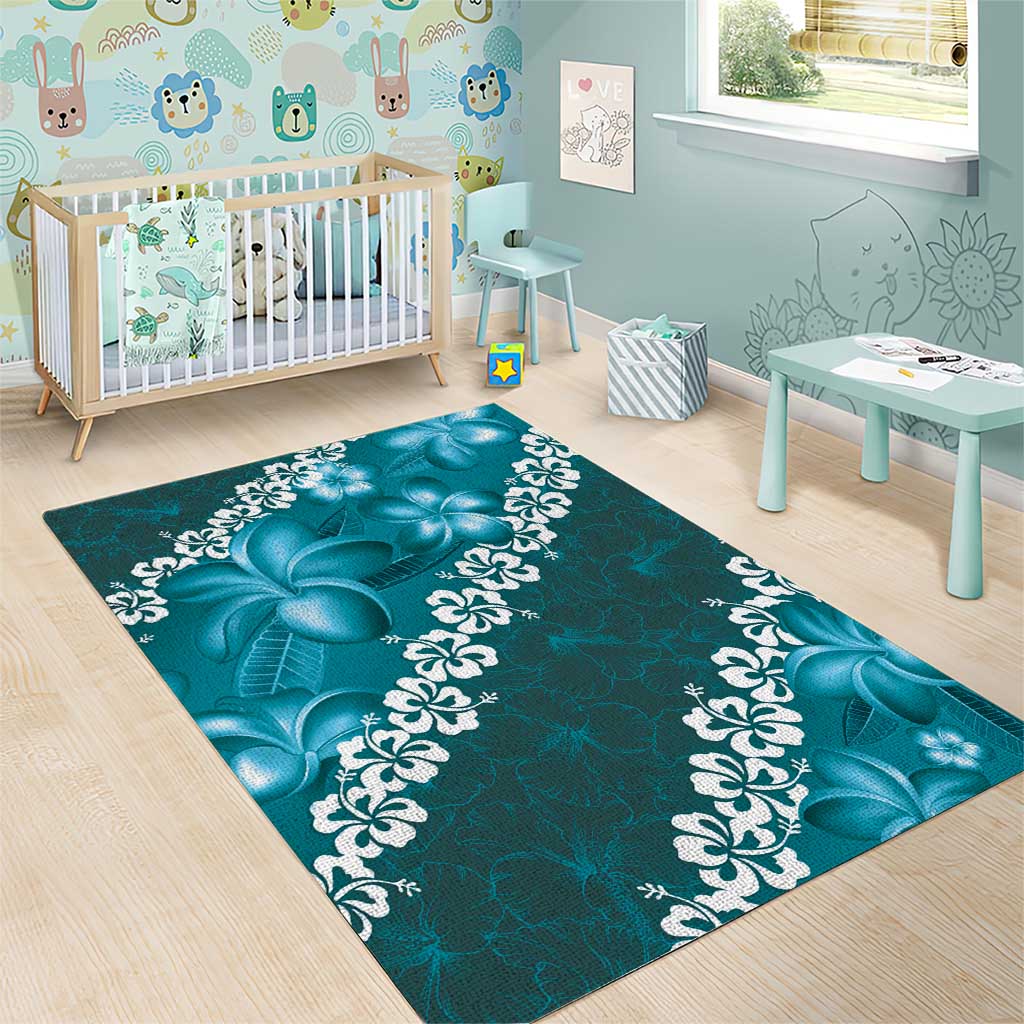 Vintage Dark Cyan Polynesia Area Rug Plumeria With Hibiscus Tropical Vibes LT14 - Polynesian Pride