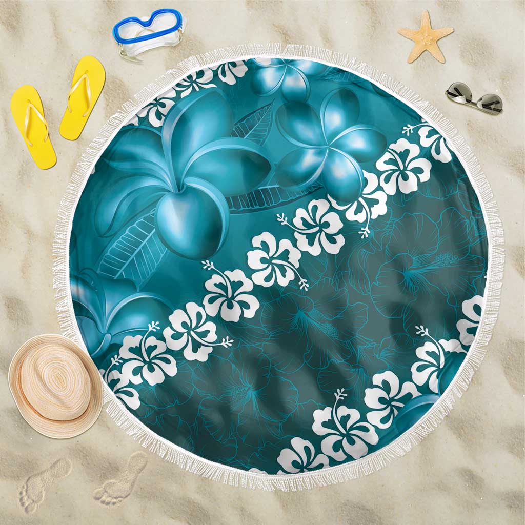 Vintage Dark Cyan Polynesia Beach Blanket Plumeria With Hibiscus Tropical Vibes LT14 One Size 150cm Dark Cyan - Polynesian Pride