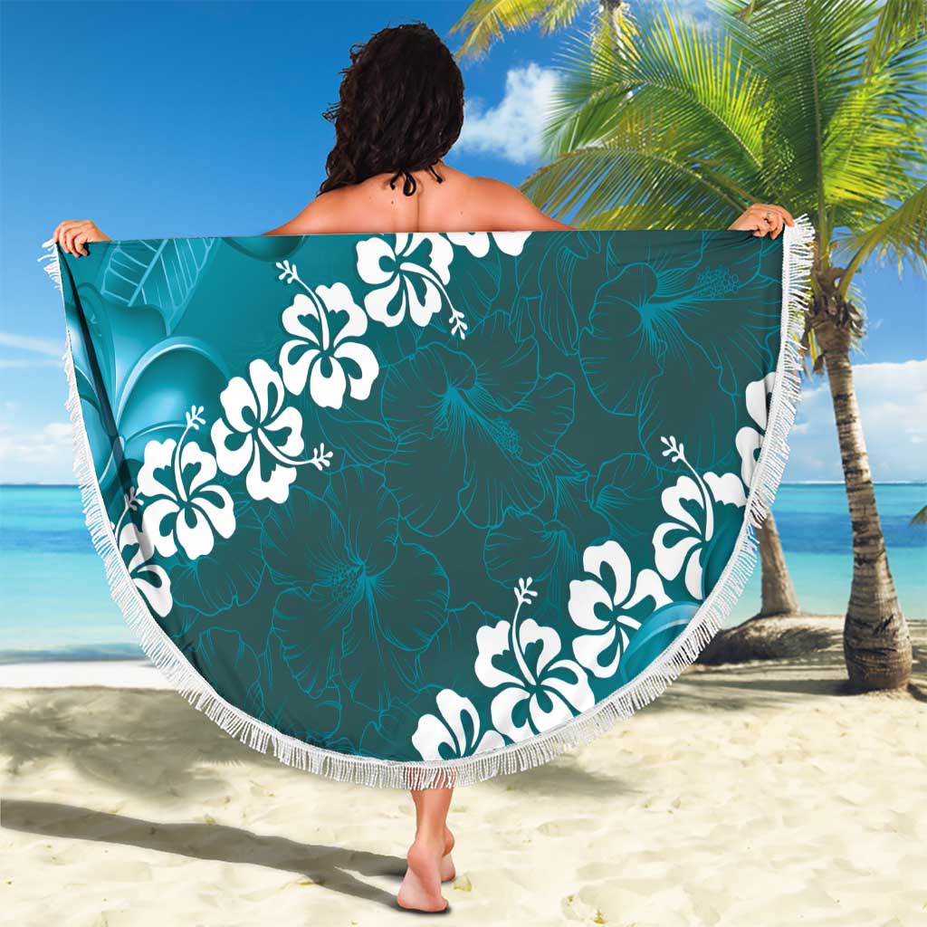 Vintage Dark Cyan Polynesia Beach Blanket Plumeria With Hibiscus Tropical Vibes LT14 - Polynesian Pride