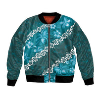 Vintage Dark Cyan Polynesia Bomber Jacket Plumeria With Hibiscus Tropical Vibes LT14 Unisex Dark Cyan - Polynesian Pride
