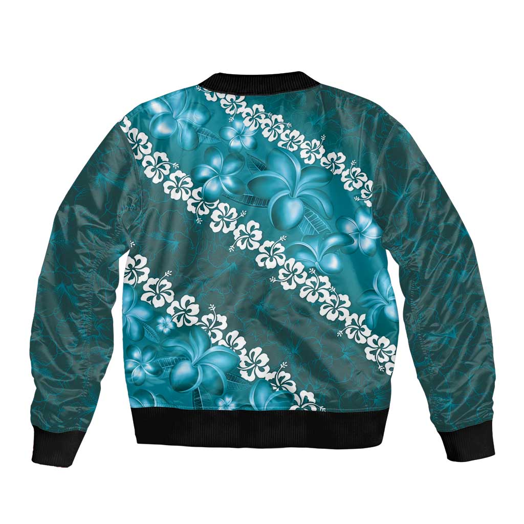 Vintage Dark Cyan Polynesia Bomber Jacket Plumeria With Hibiscus Tropical Vibes LT14 - Polynesian Pride