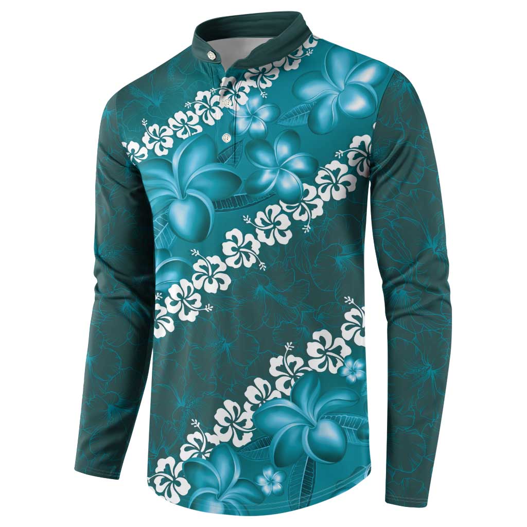 Vintage Dark Cyan Polynesia Button Sweatshirt Plumeria With Hibiscus Tropical Vibes LT14 - Polynesian Pride