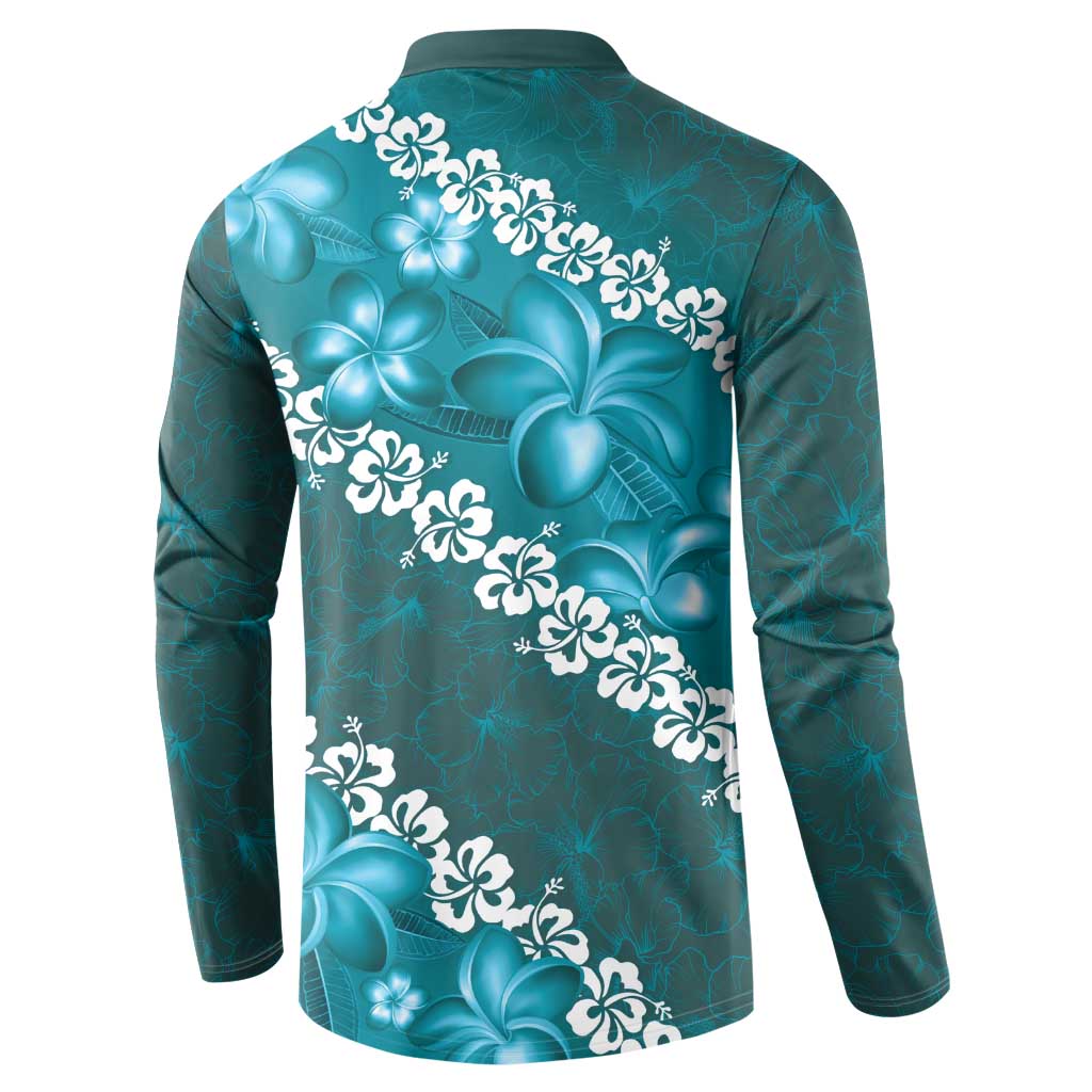Vintage Dark Cyan Polynesia Button Sweatshirt Plumeria With Hibiscus Tropical Vibes LT14 - Polynesian Pride