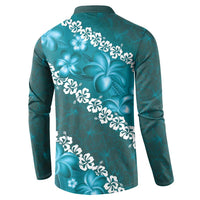Vintage Dark Cyan Polynesia Button Sweatshirt Plumeria With Hibiscus Tropical Vibes LT14 - Polynesian Pride