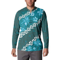 Vintage Dark Cyan Polynesia Button Sweatshirt Plumeria With Hibiscus Tropical Vibes LT14 - Polynesian Pride