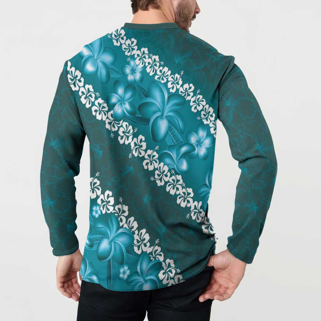 Vintage Dark Cyan Polynesia Button Sweatshirt Plumeria With Hibiscus Tropical Vibes LT14 - Polynesian Pride