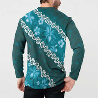 Vintage Dark Cyan Polynesia Button Sweatshirt Plumeria With Hibiscus Tropical Vibes LT14 - Polynesian Pride