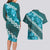 Vintage Dark Cyan Polynesia Couples Matching Long Sleeve Bodycon Dress and Hawaiian Shirt Plumeria With Hibiscus Tropical Vibes