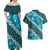 Vintage Dark Cyan Polynesia Couples Matching Off Shoulder Maxi Dress and Hawaiian Shirt Plumeria With Hibiscus Tropical Vibes