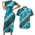 Vintage Dark Cyan Polynesia Couples Matching Short Sleeve Bodycon Dress and Hawaiian Shirt Plumeria With Hibiscus Tropical Vibes