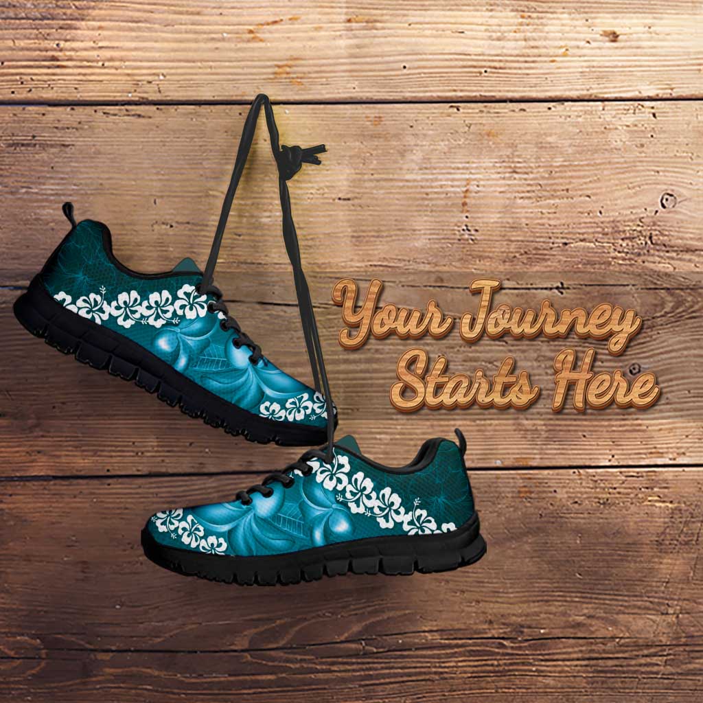 Vintage Dark Cyan Polynesia Sneakers Plumeria With Hibiscus Tropical Vibes LT14 - Polynesian Pride