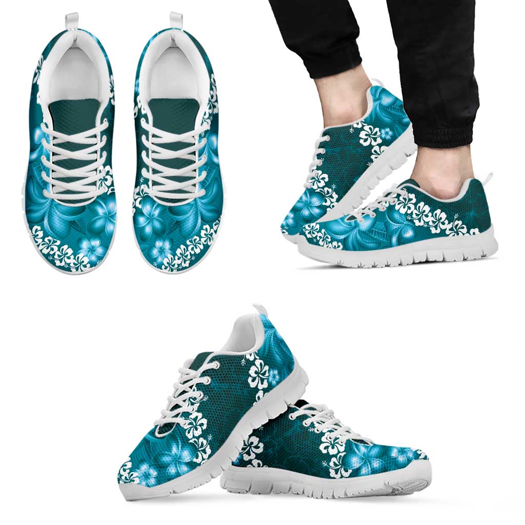 Vintage Dark Cyan Polynesia Sneakers Plumeria With Hibiscus Tropical Vibes LT14 - Polynesian Pride