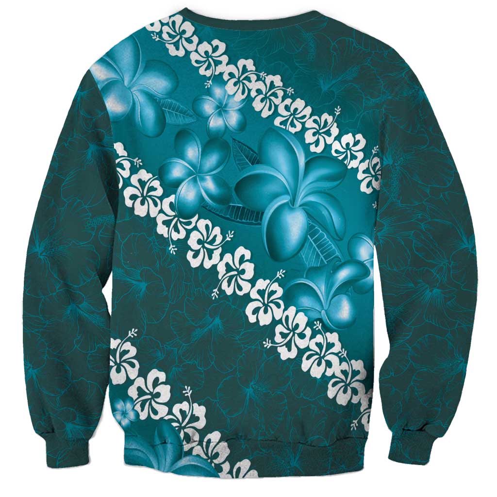 Vintage Dark Cyan Polynesia Sweatshirt Plumeria With Hibiscus Tropical Vibes LT14 - Polynesian Pride