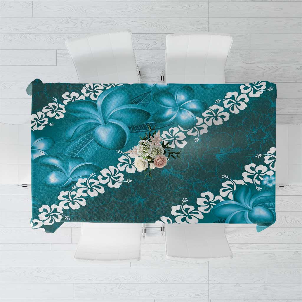 Vintage Dark Cyan Polynesia Tablecloth Plumeria With Hibiscus Tropical Vibes