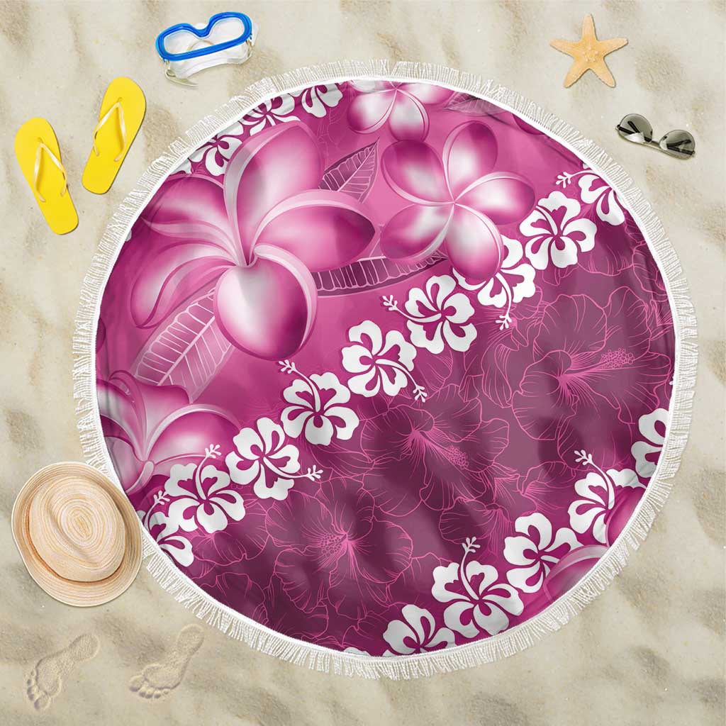 Vintage Pink Polynesia Beach Blanket Plumeria With Hibiscus Tropical Vibes LT14 One Size 150cm Pink - Polynesian Pride