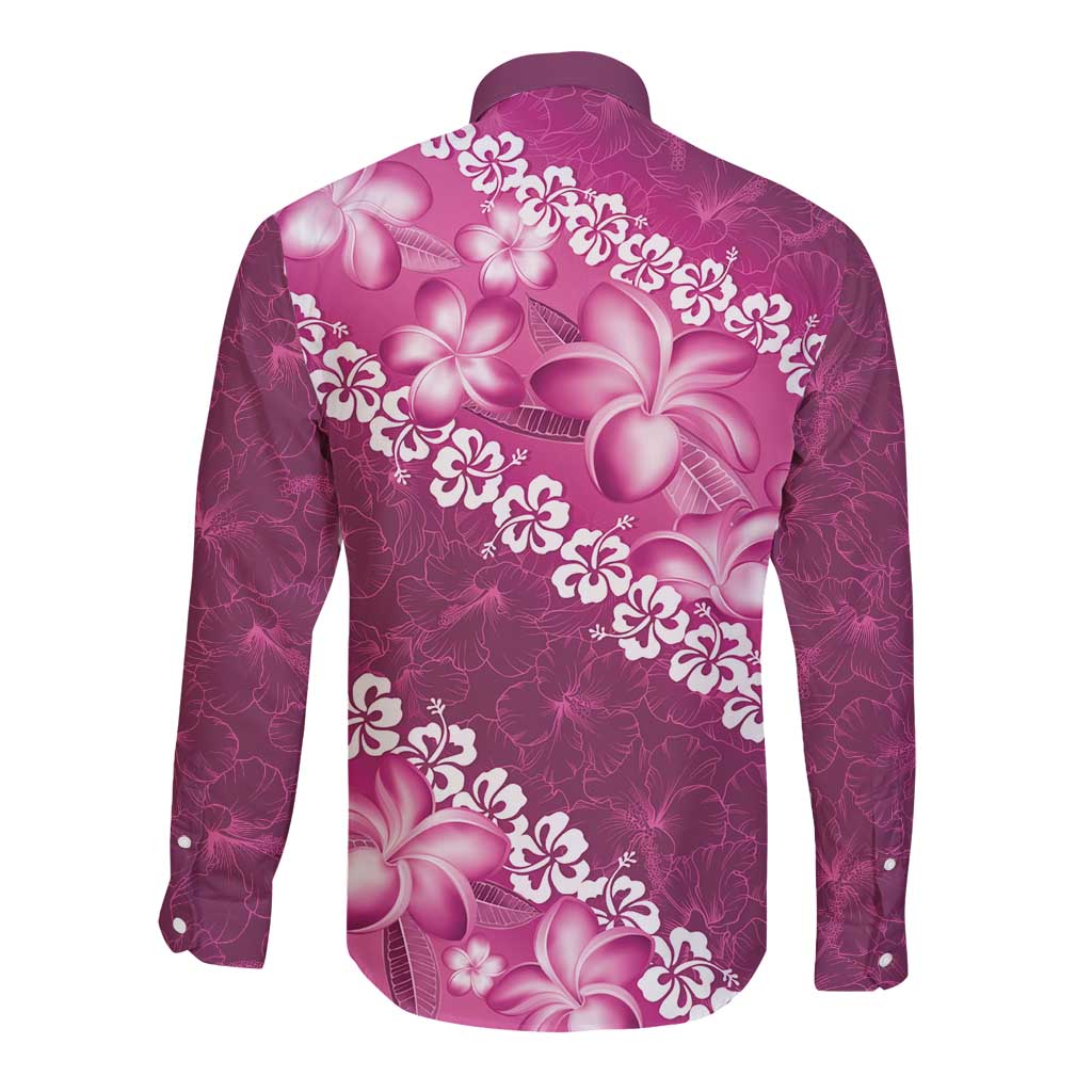 Vintage Pink Polynesia Long Sleeve Button Shirt Plumeria With Hibiscus Tropical Vibes LT14 - Polynesian Pride