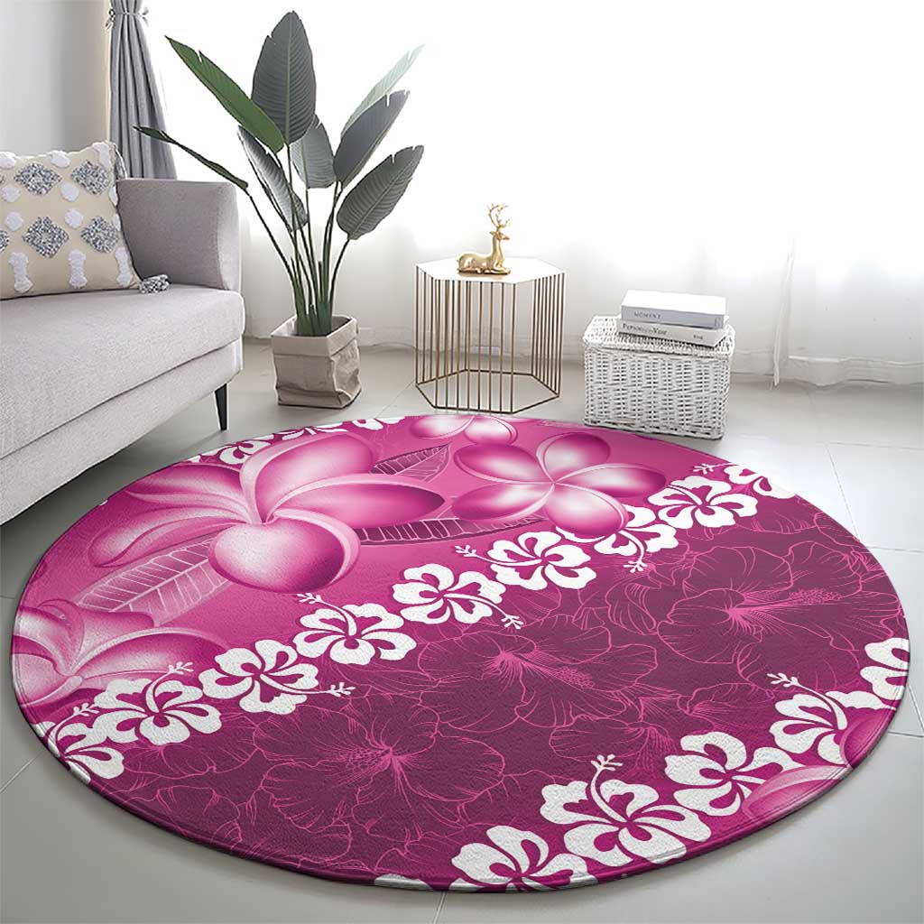 Vintage Pink Polynesia Round Carpet Plumeria With Hibiscus Tropical Vibes LT14 - Polynesian Pride