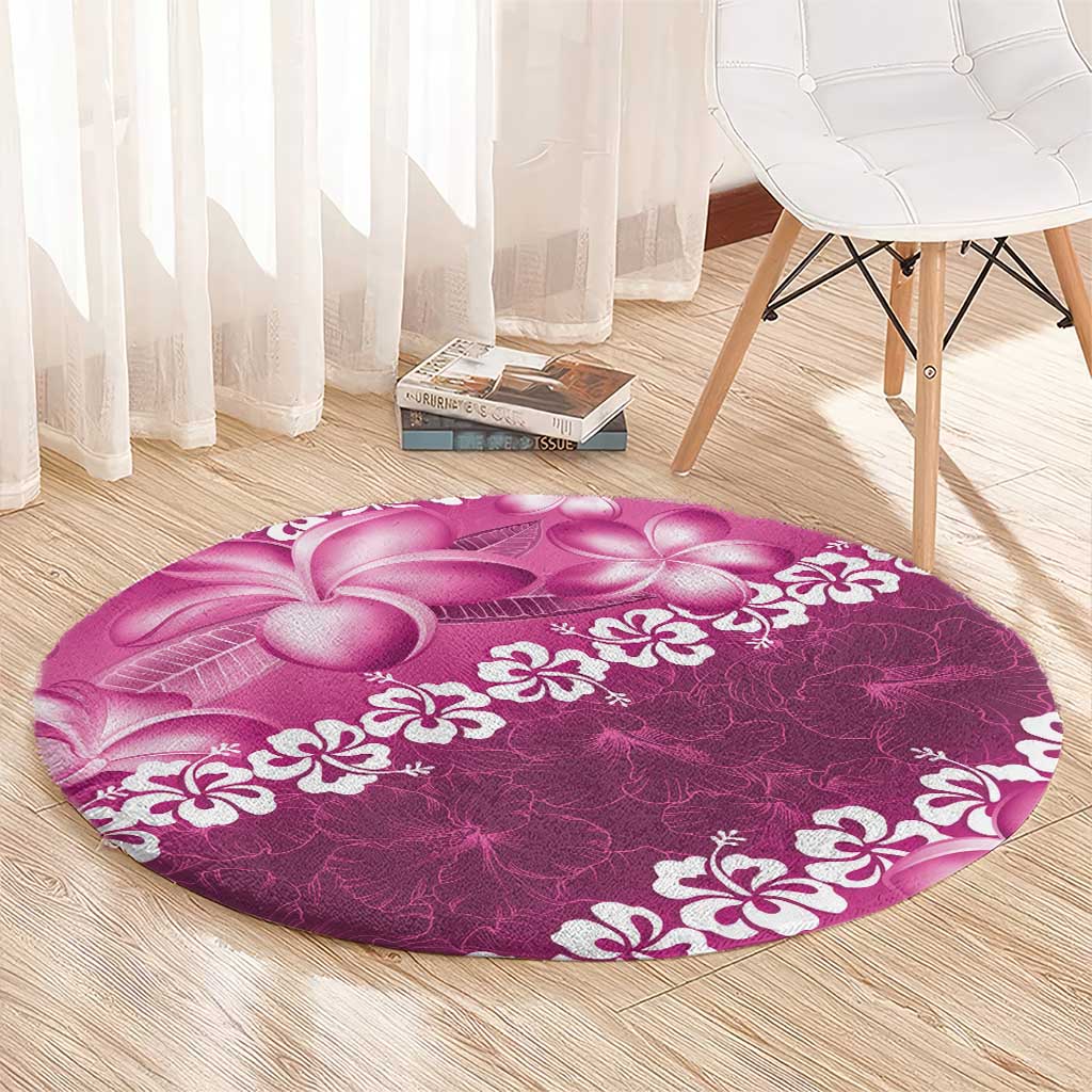 Vintage Pink Polynesia Round Carpet Plumeria With Hibiscus Tropical Vibes LT14 - Polynesian Pride