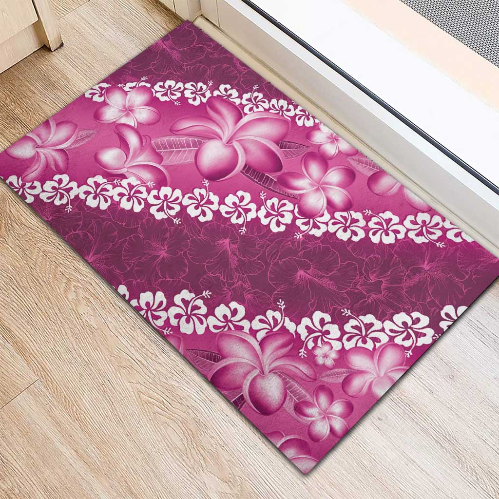 Vintage Pink Polynesia Rubber Doormat Plumeria With Hibiscus Tropical Vibes LT14 - Polynesian Pride