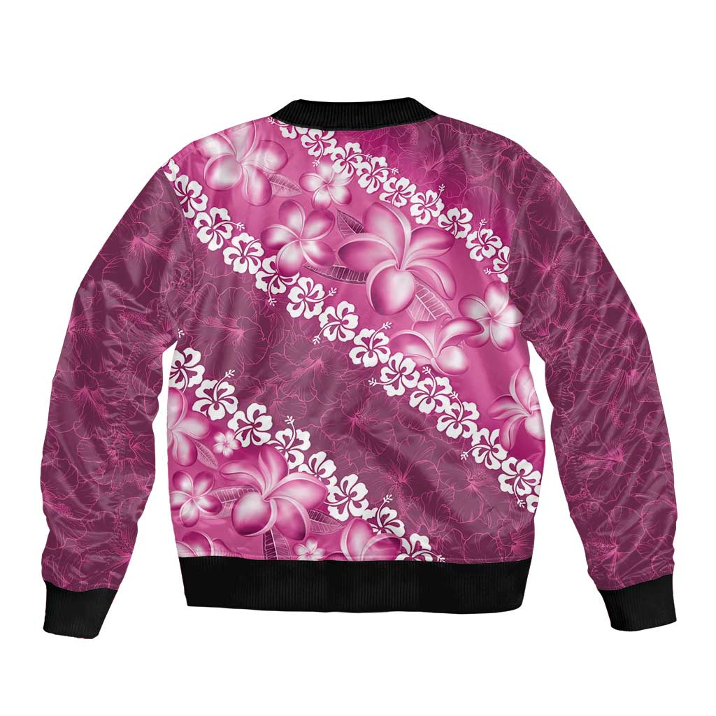 Vintage Pink Polynesia Sleeve Zip Bomber Jacket Plumeria With Hibiscus Tropical Vibes LT14 - Polynesian Pride