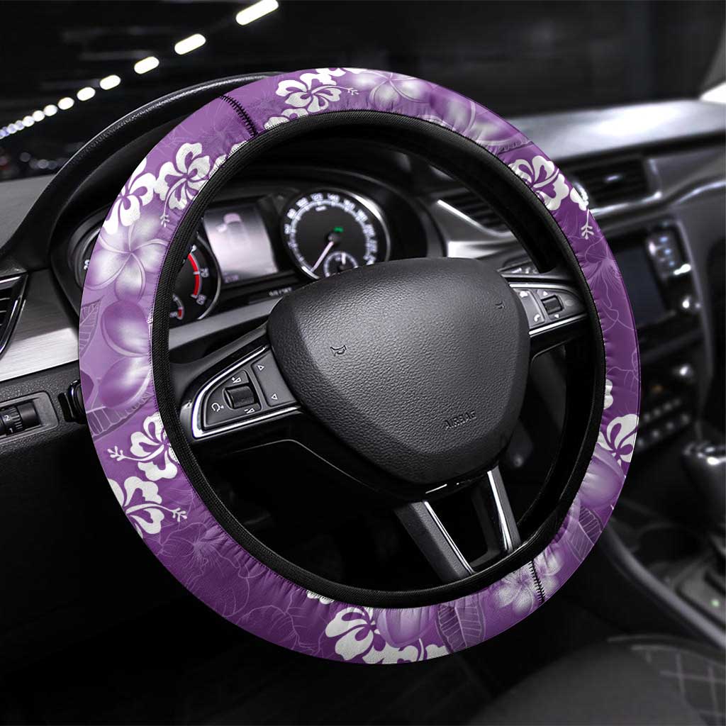 Vintage Purple Polynesia Steering Wheel Cover Plumeria With Hibiscus Tropical Vibes