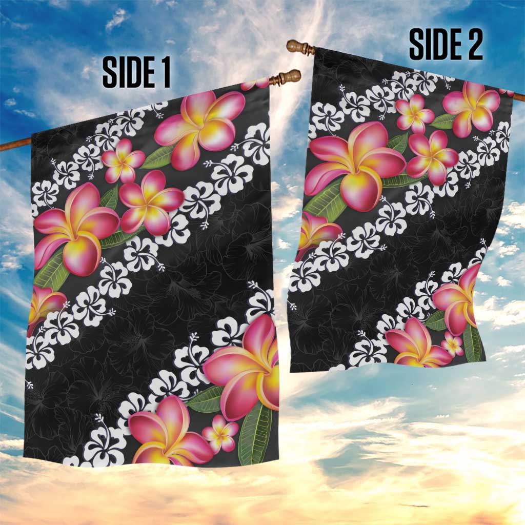 Black Polynesia Garden Flag Plumeria With Hibiscus Pattern Tropical Vibes LT14 - Polynesian Pride