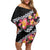 Black Polynesia Off Shoulder Short Dress Plumeria With Hibiscus Pattern Tropical Vibes