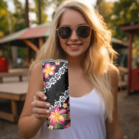 Black Polynesia Skinny Tumbler Plumeria With Hibiscus Pattern Tropical Vibes LT14 - Polynesian Pride