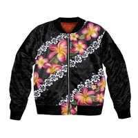 Black Polynesia Sleeve Zip Bomber Jacket Plumeria With Hibiscus Pattern Tropical Vibes LT14 Unisex Black - Polynesian Pride