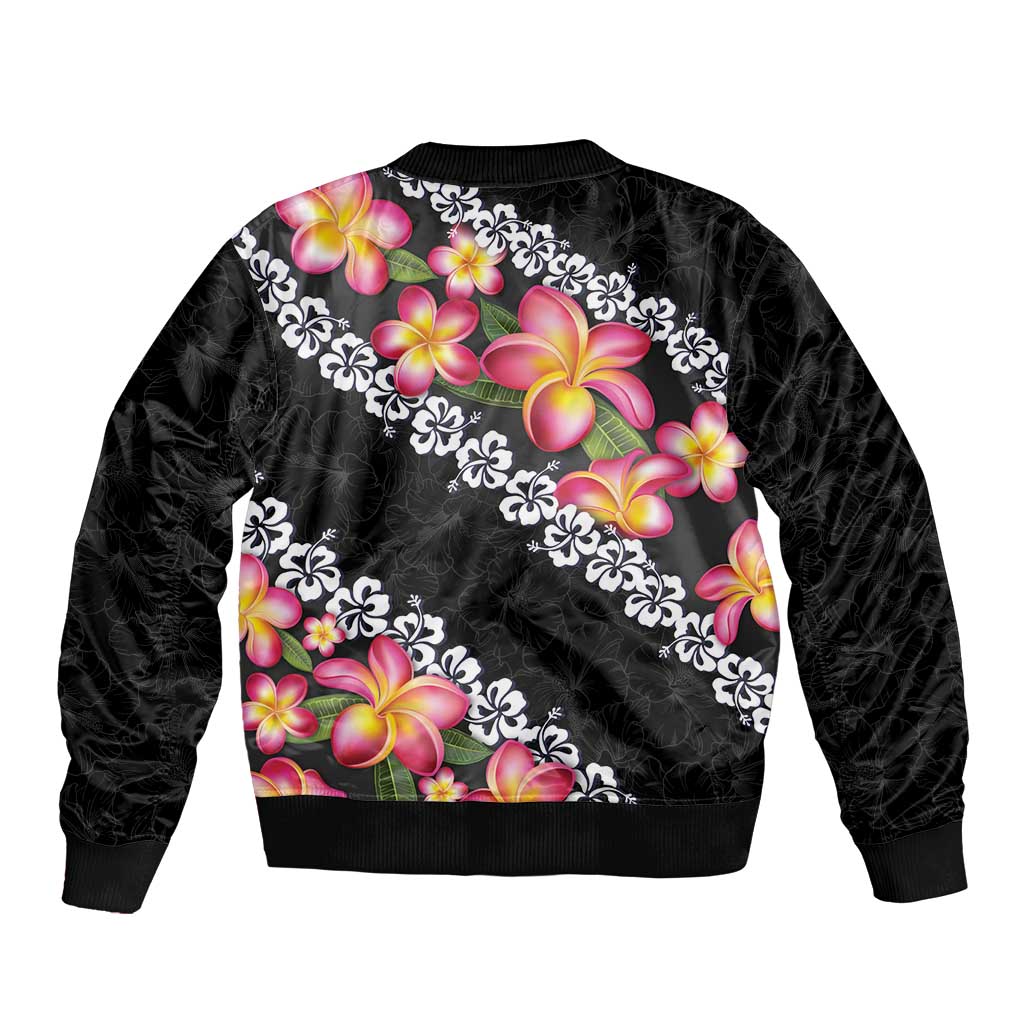 Black Polynesia Sleeve Zip Bomber Jacket Plumeria With Hibiscus Pattern Tropical Vibes LT14 - Polynesian Pride