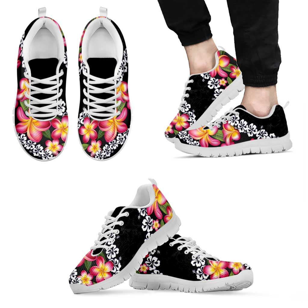 Black Polynesia Sneakers Plumeria With Hibiscus Pattern Tropical Vibes LT14 - Polynesian Pride