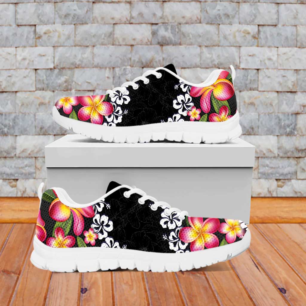 Black Polynesia Sneakers Plumeria With Hibiscus Pattern Tropical Vibes LT14 - Polynesian Pride