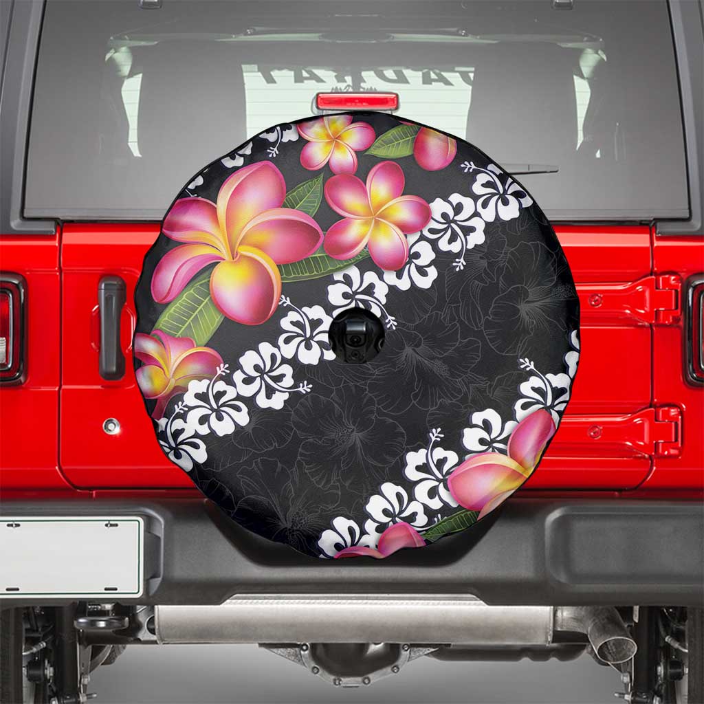 Black Polynesia Spare Tire Cover Plumeria With Hibiscus Pattern Tropical Vibes LT14 - Polynesian Pride