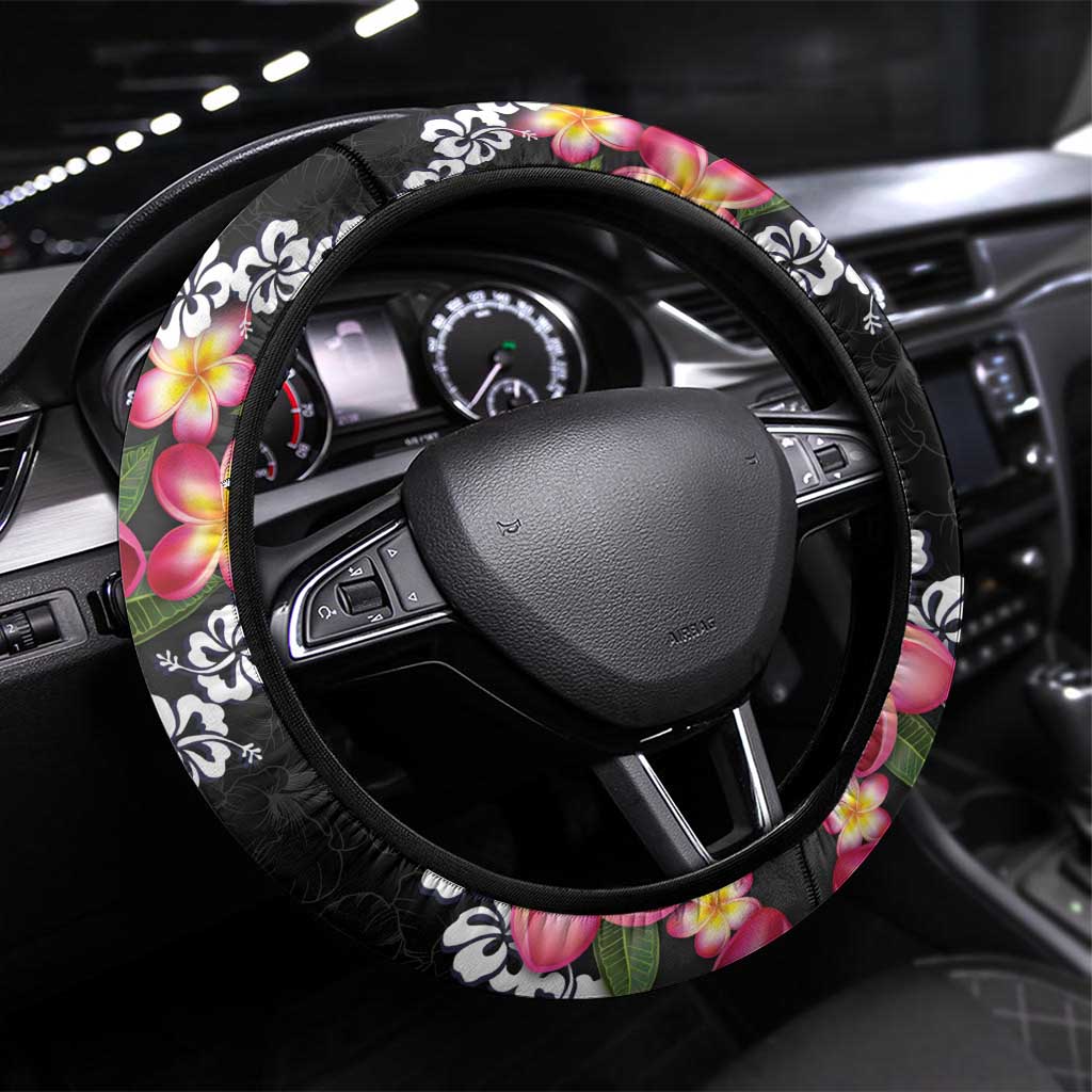 Black Polynesia Steering Wheel Cover Plumeria With Hibiscus Pattern Tropical Vibes