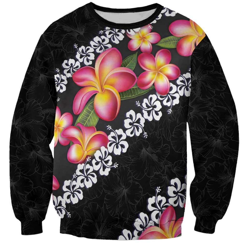 Black Polynesia Sweatshirt Plumeria With Hibiscus Pattern Tropical Vibes LT14 Unisex Black - Polynesian Pride
