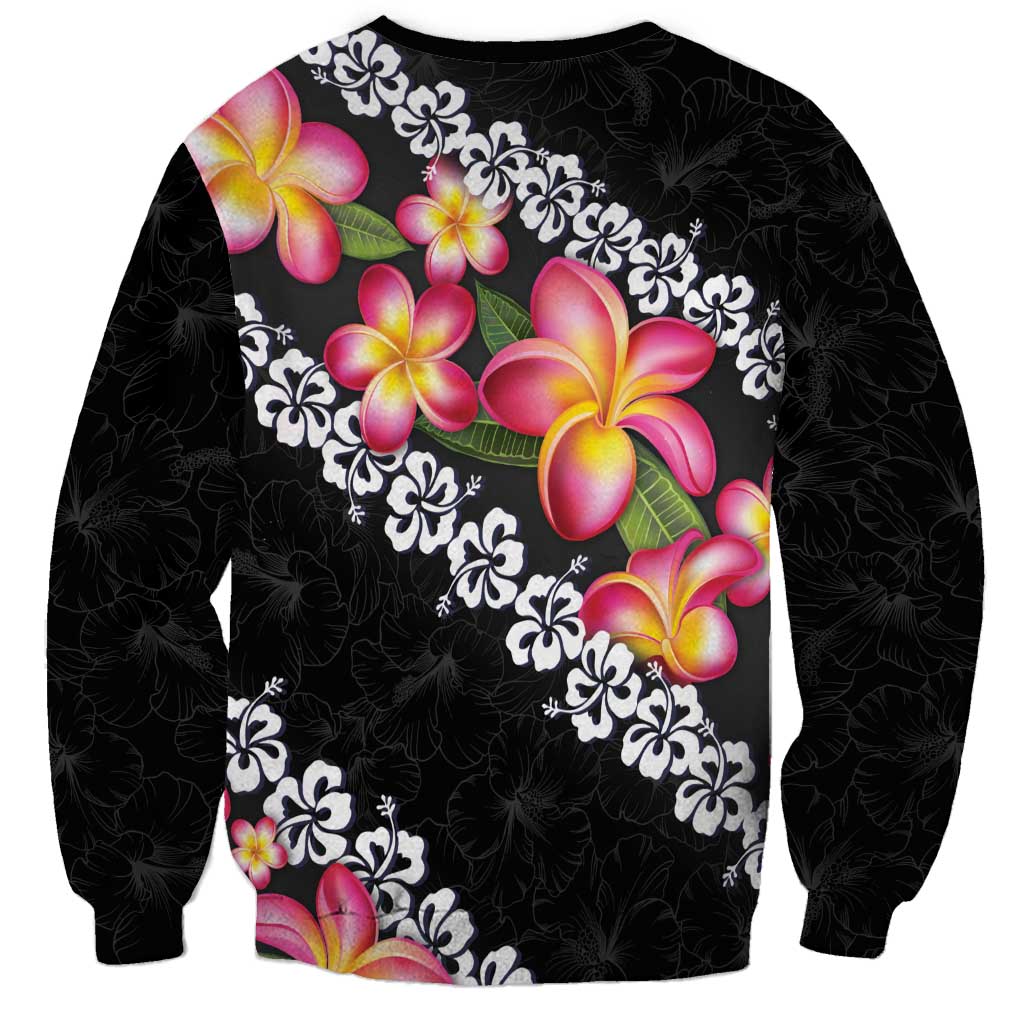 Black Polynesia Sweatshirt Plumeria With Hibiscus Pattern Tropical Vibes LT14 - Polynesian Pride