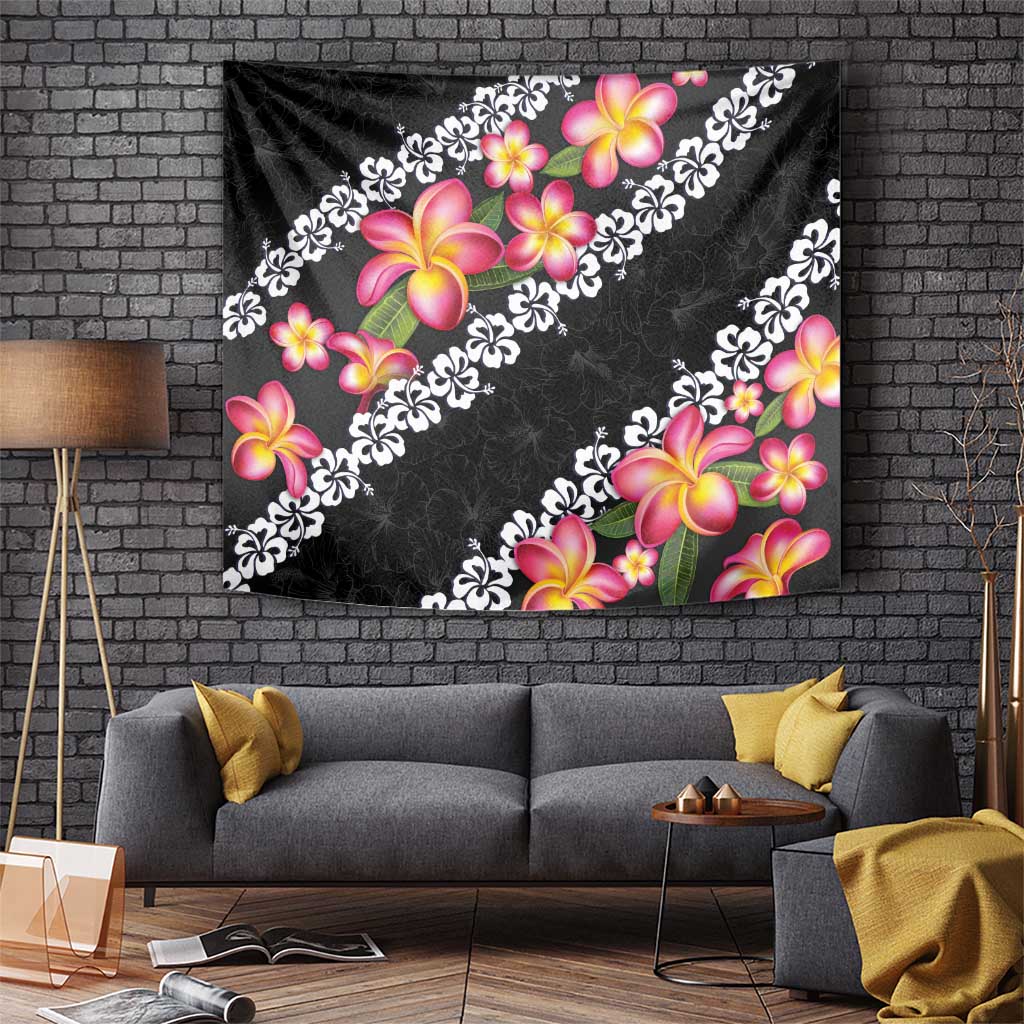 Black Polynesia Tapestry Plumeria With Hibiscus Pattern Tropical Vibes LT14 - Polynesian Pride