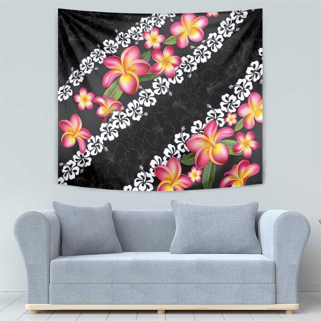 Black Polynesia Tapestry Plumeria With Hibiscus Pattern Tropical Vibes LT14 - Polynesian Pride