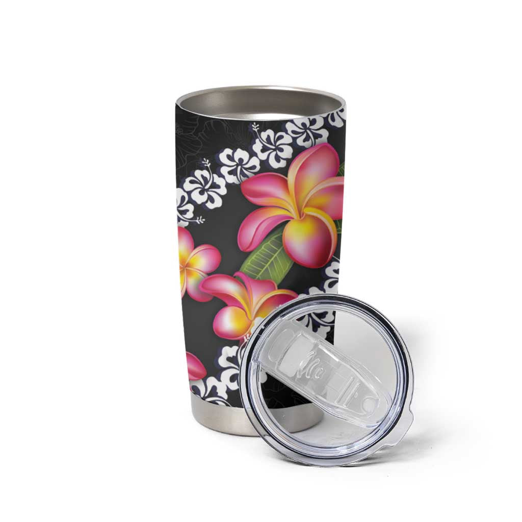 Black Polynesia Tumbler Cup Plumeria With Hibiscus Pattern Tropical Vibes LT14 - Polynesian Pride