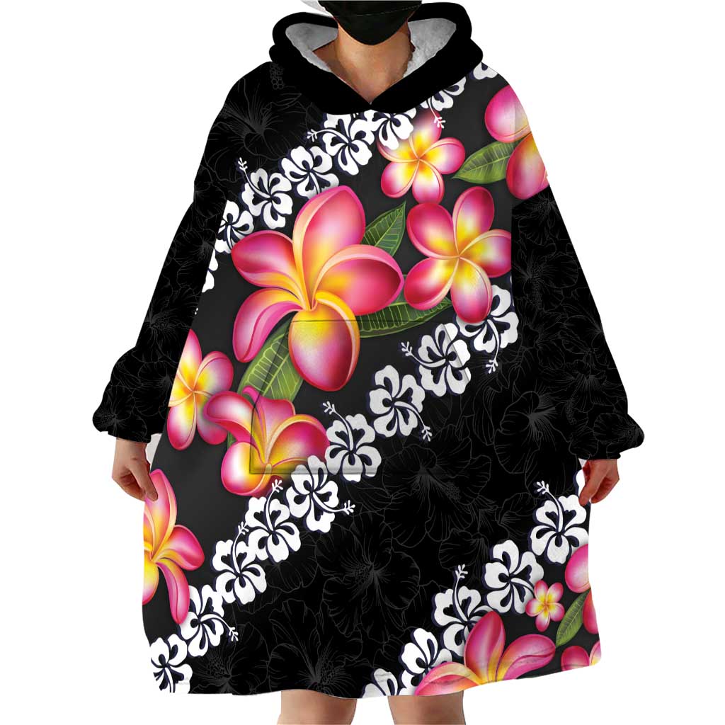 Black Polynesia Wearable Blanket Hoodie Plumeria With Hibiscus Pattern Tropical Vibes LT14 - Polynesian Pride